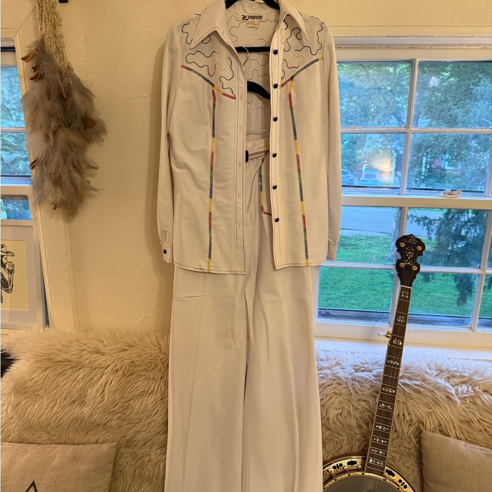 White Embroidered Authentic Vintage Western Dress Shirt and Pants Set